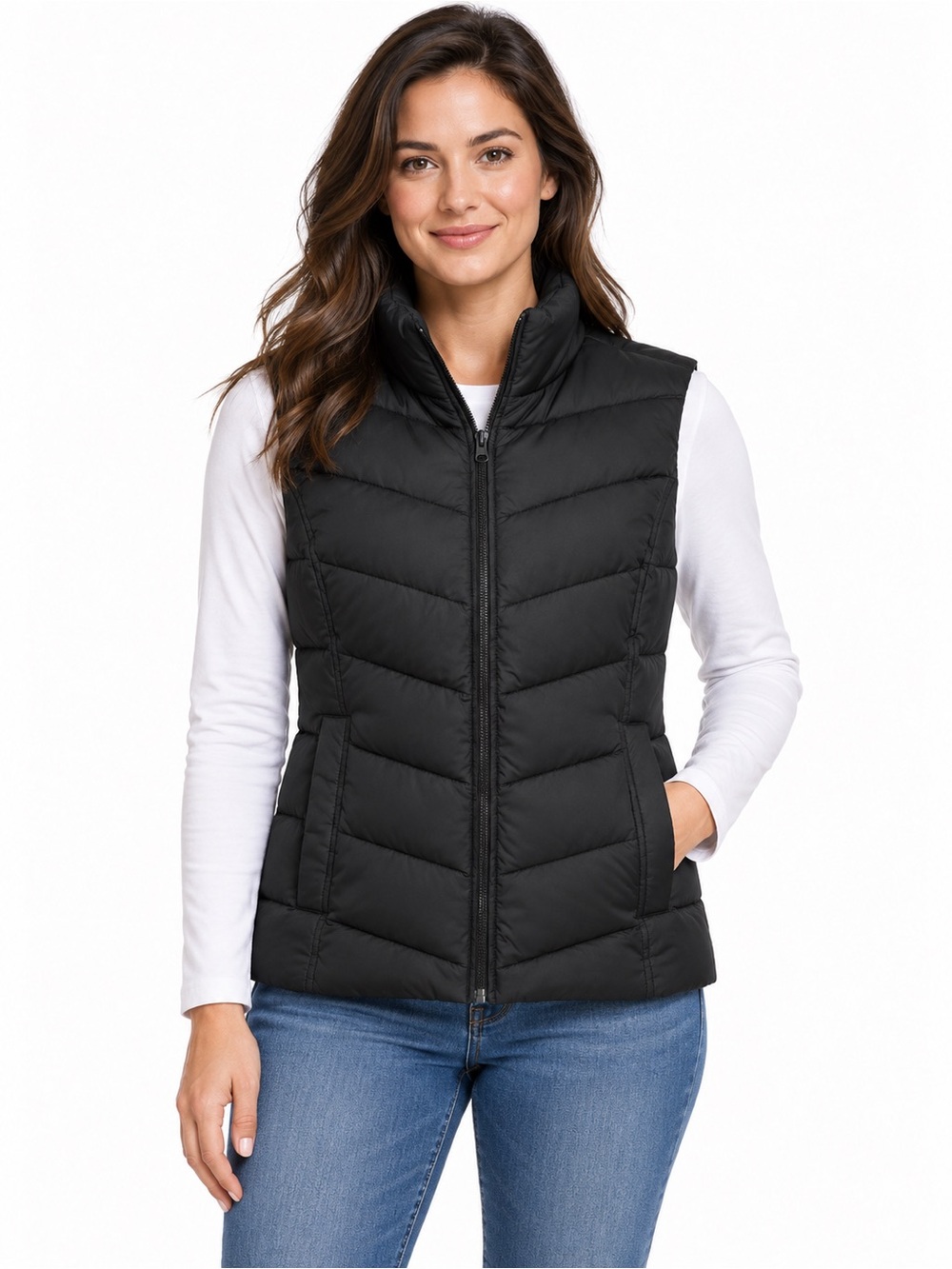 Lands’ End Black Quilted Puffer Vest Women’s M 10–12 Full Zip